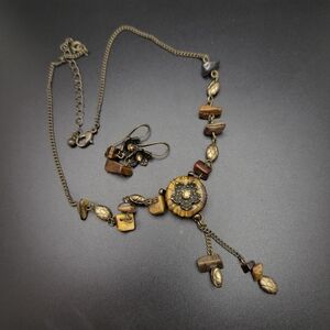 Boho Tiger Eye Accent Necklace and Earrings Set - Brown